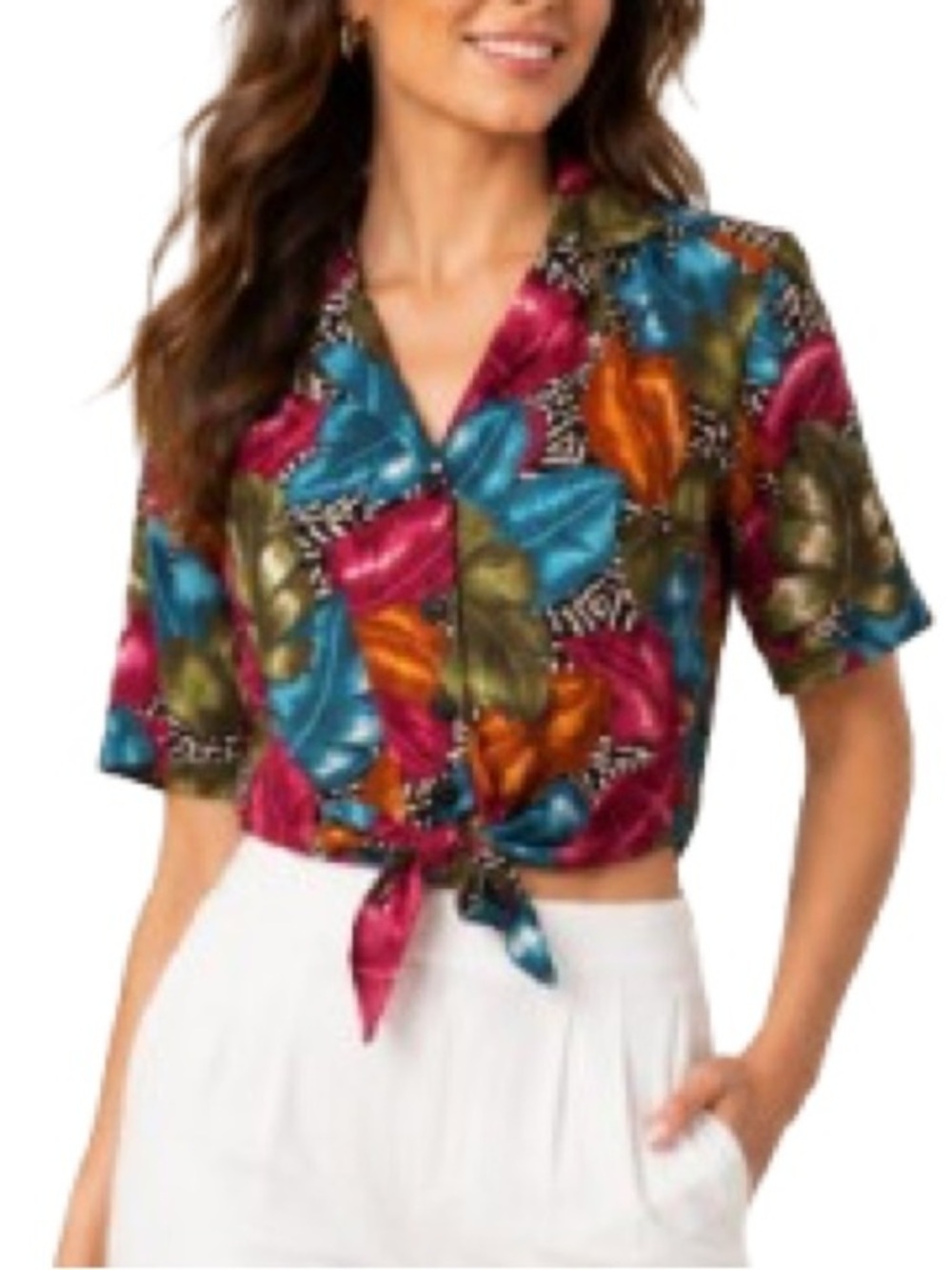 Y2K Vintage Tropical Button Up Tie Front Blouse S | Floral Hawaiian 90s Vibes